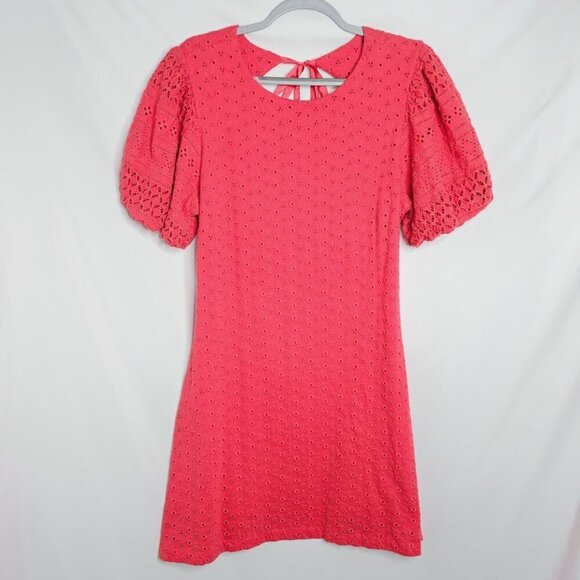 FREE PEOPLE Apricot Rose Mini Dress STRAWBERRY SPRITZ PINK size L Puff Sleeve - Picture 4 of 10